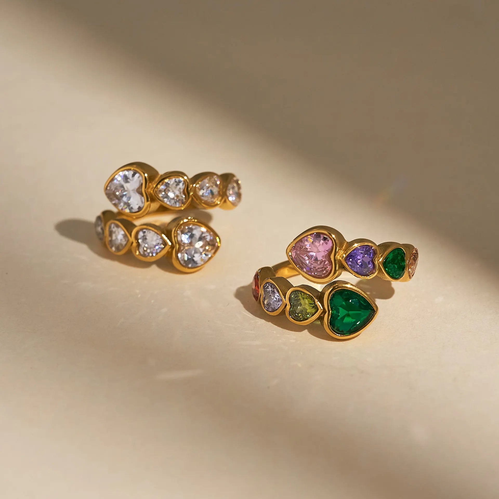 YF3920 Stainless Steel 18k Gold Plated Women Waterproof Colorful Peach Heart Spliced Zircon Ring Gift