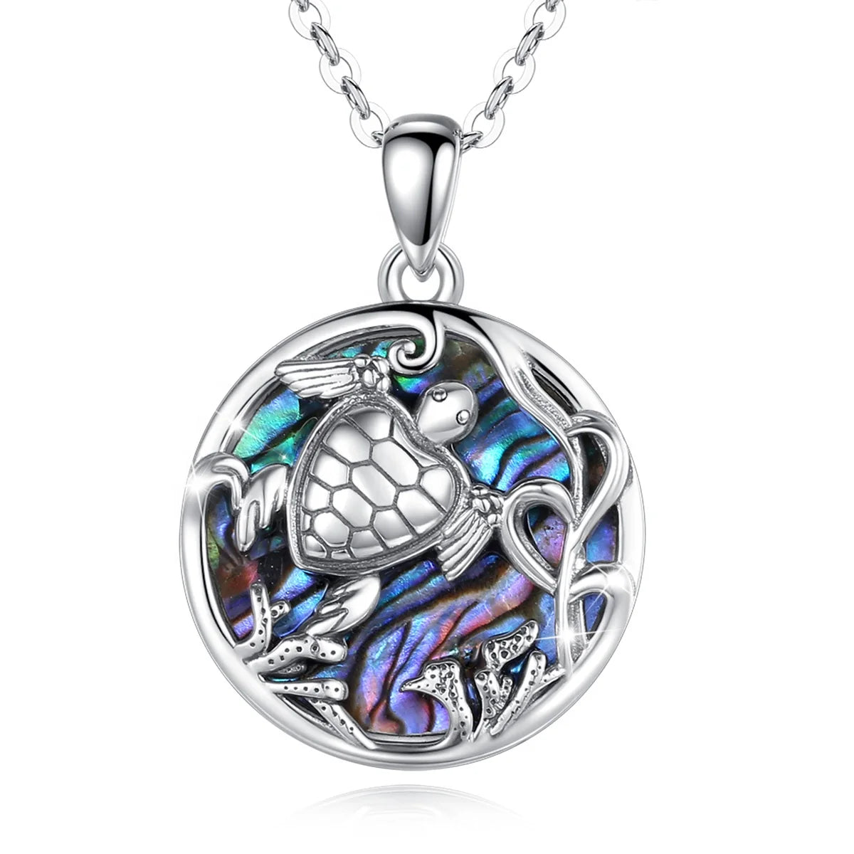 Isunni S925 Sterling Silver Sea Turtle Pattern Mother of Pearl Shell Necklace