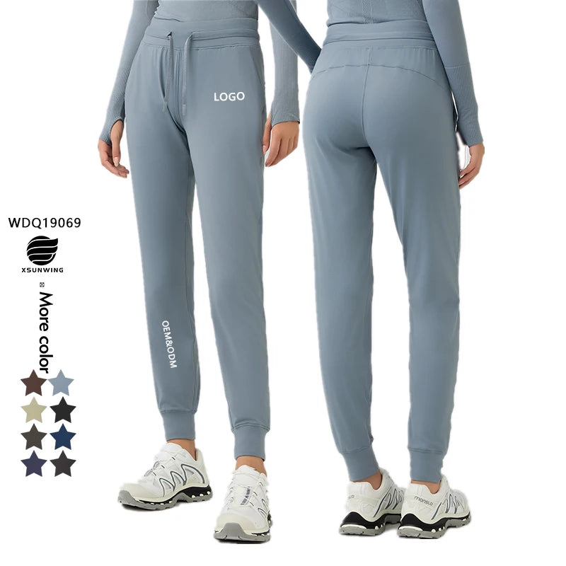 Xsunwing Women's Casual Solid Jogger Sweatpants Drawstring Custom Plus Size Yoga Sport Pants Wide Leg Pockets Baggy