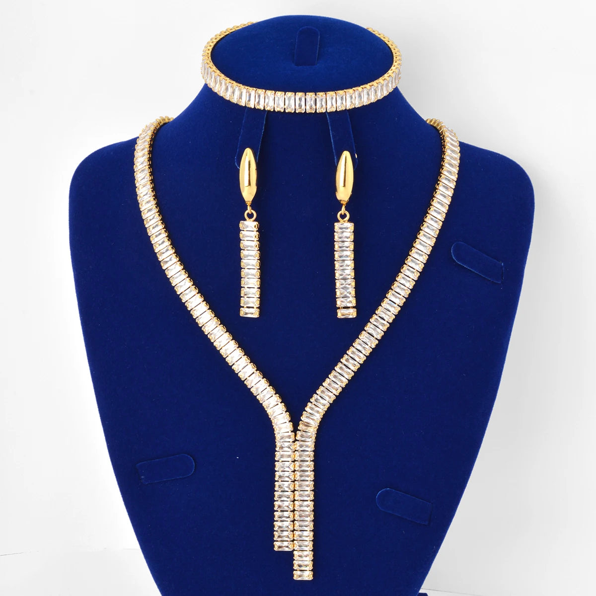 Luxury Jewelry Women's Earth Tassel White Zircon Tennis Necklace Earrings Bracelet Set Sparkly Women's Jewelry