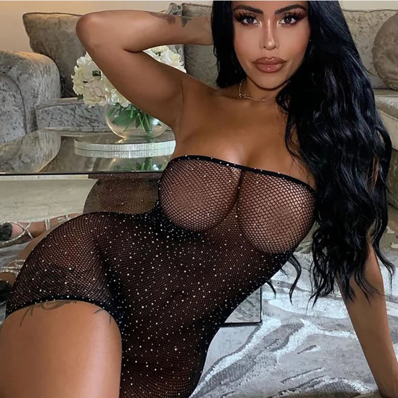 Sexy Fishnet Leaf Dress Exotic Bling Rhinestone Beach Body Stocking for Women Lingerie
