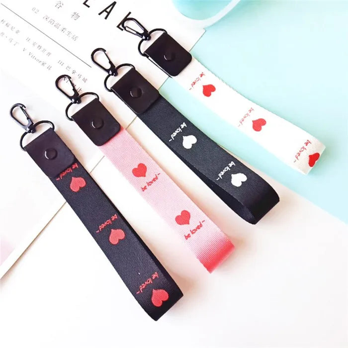 Valentine Day Gifts Heart Print Fabric Wrist Strap Lanyard Keychain Pendant