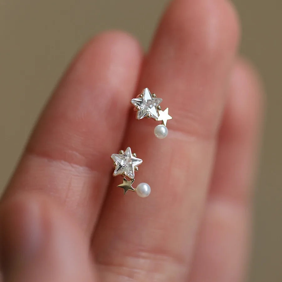 Cute Fashion 14K Gold Plated 925 Sterling Silver Zircon Pearl Star Shaped Stud Earrings for Women