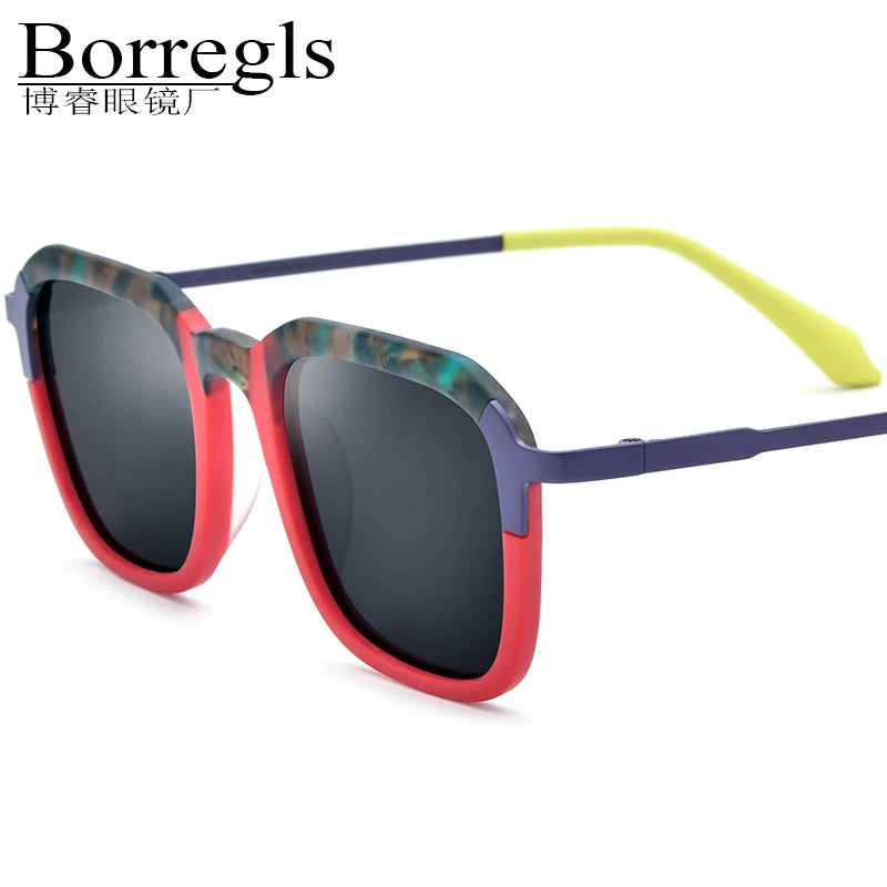 Borregls Colorful Acetate Titanium Polarized Sunglasses Men Brand Design Square Sunglasses Women Mirrored UV400 Shades 185786
