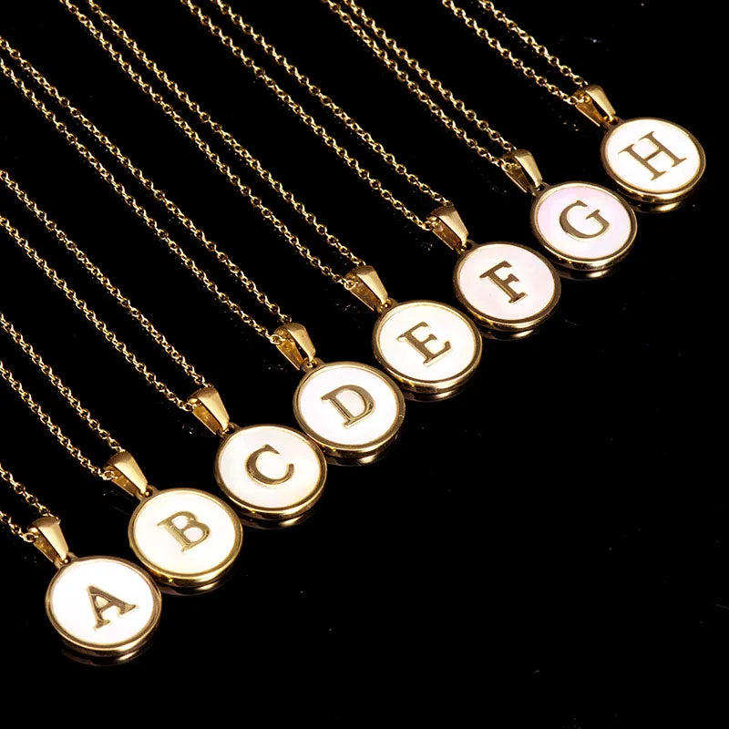 NS1110  A-Z Initial Jewelry for Women White Shell Pave Stainless Steel Round 26 Alphabet Letter Charm Pendant Necklaces