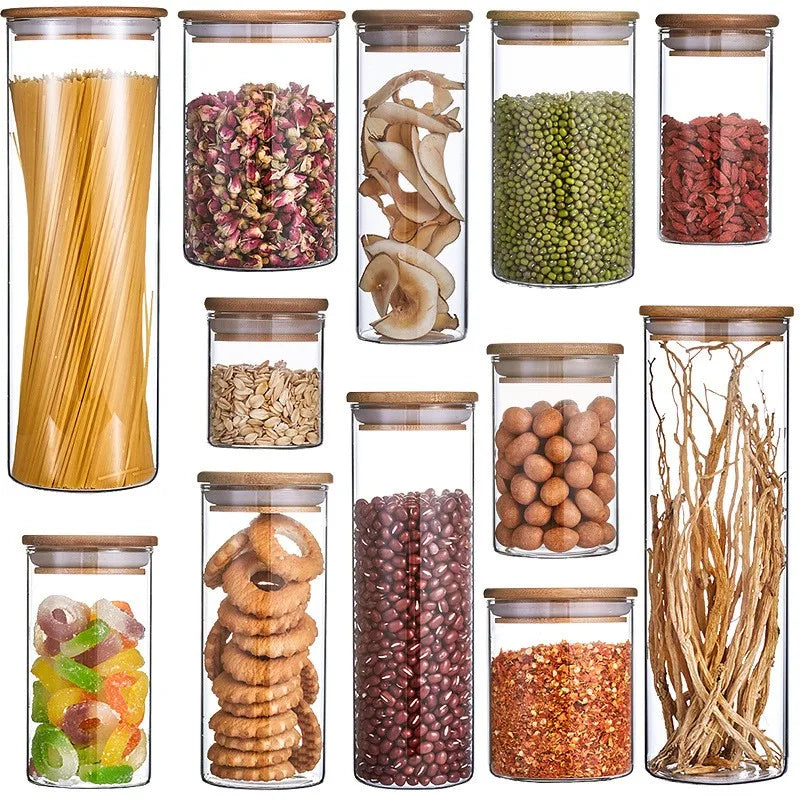Transparent High Borosilicate Glass Storage tank Household Kitchen sealed Storage Jar sealed Bottle with Bamboo Lid Silicon Ring