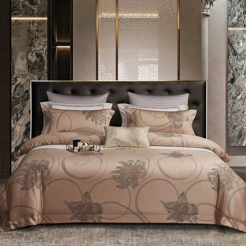 Luxury European Style Egyptian Cotton Bed Sheets Jacquard 4PCS Comforter Duvet Cover Brown 4 Piece Bedding Sets