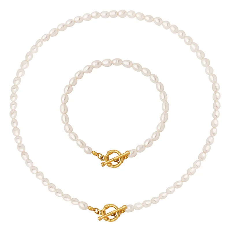 Wholesale Women's Dainty 18K Gold Stainless Steel Freshwater Pearl Bracelet Necklace Trendy Natural Freshwater Pearl Jewelry