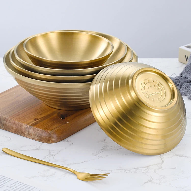 Gold 9 Inch 24cm 60oz Restaurant Double Layer Stainless Steel 304 Hot Insulated Soup Noodle Bowls Japanese Ramen Bowls