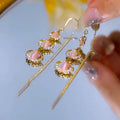 Pink Ginkgo Leaf Long Chain Tassel Threader Earring Pull Through Women Green Zircon Straight Hanging Chain Dangle Earrings Jewel