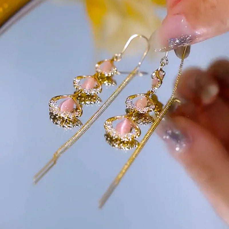 Pink Ginkgo Leaf Long Chain Tassel Threader Earring Pull Through Women Green Zircon Straight Hanging Chain Dangle Earrings Jewel