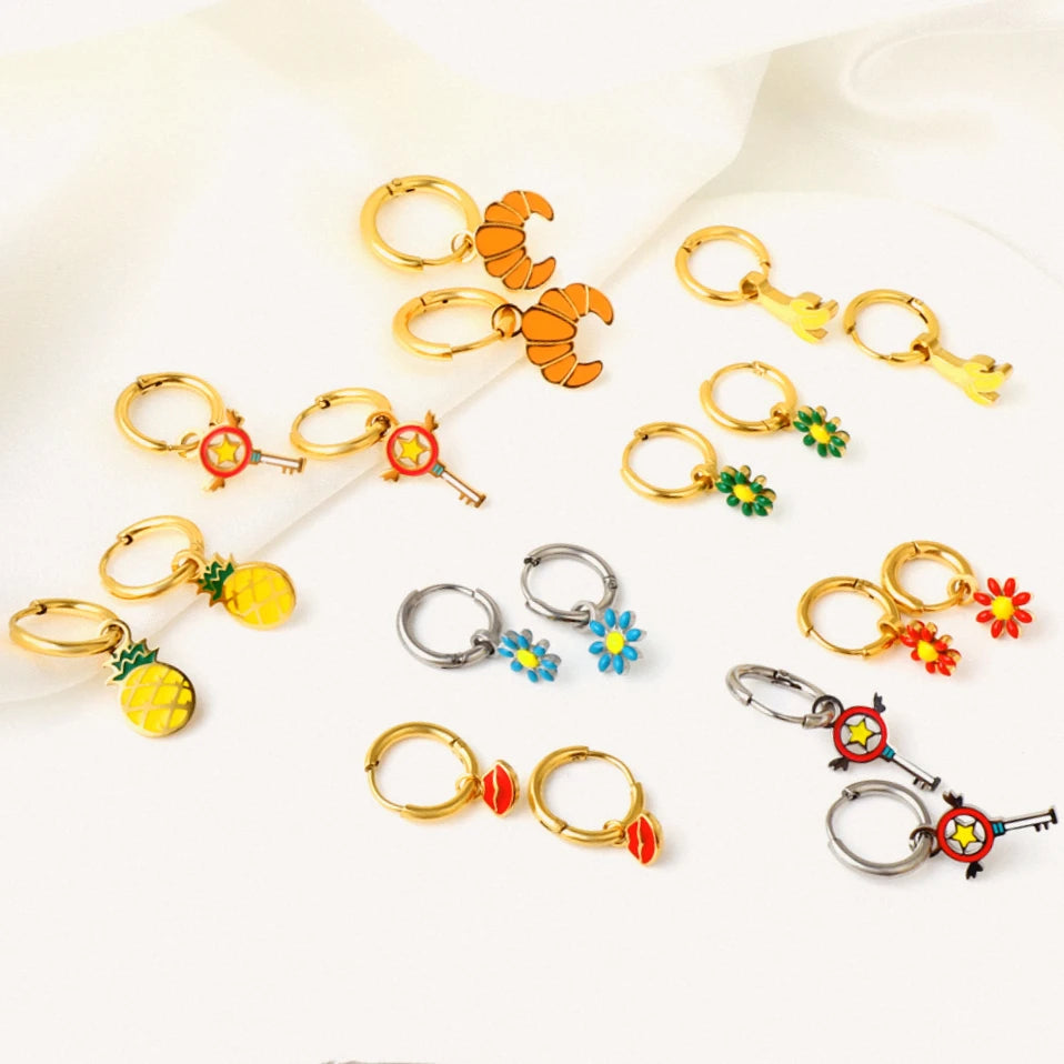 Fashion Trendy 316 Stainless Steel Banana Pineapple Flowers Earrings Hoop Charms Wholesale Cute 18k Gold Plated Jewelry Earrings