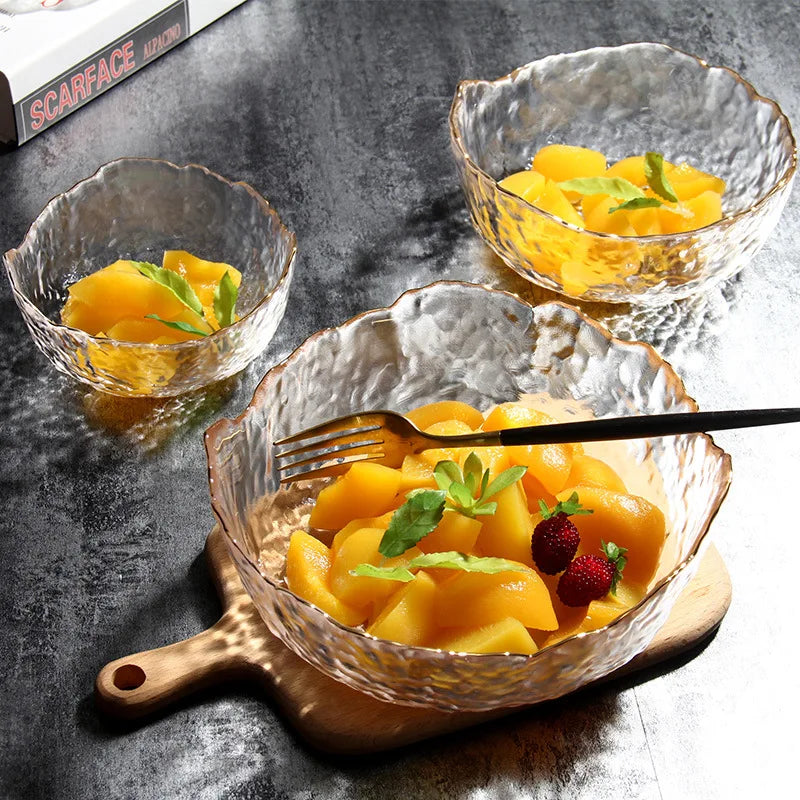 Solhui Japanese Transparent Glass Salad Bowl Irregular Hammered Colored Fruit Dessert Vegetable Bowls Wholesale