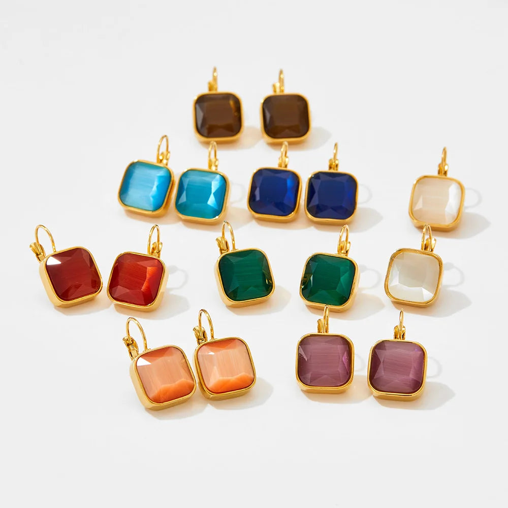 Delicate 18K Gold Plated Stainless Steel French Hook Earrings Square Opal Stone Trendy White Green Charm Waterproof Gifts