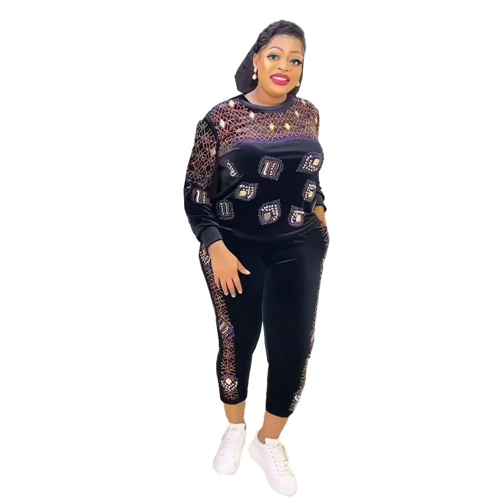 Luxury African Dashiki Dresses Casual Ethnic Clothing with Rhinestones Stretch Velvet Made of Polyester