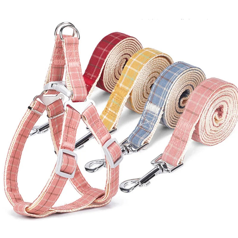 Dog Cat Harness Leash Adjustable Plaid Nylon Harness Vest Leash Puppy Small Pet Outdoor Walking Supplies