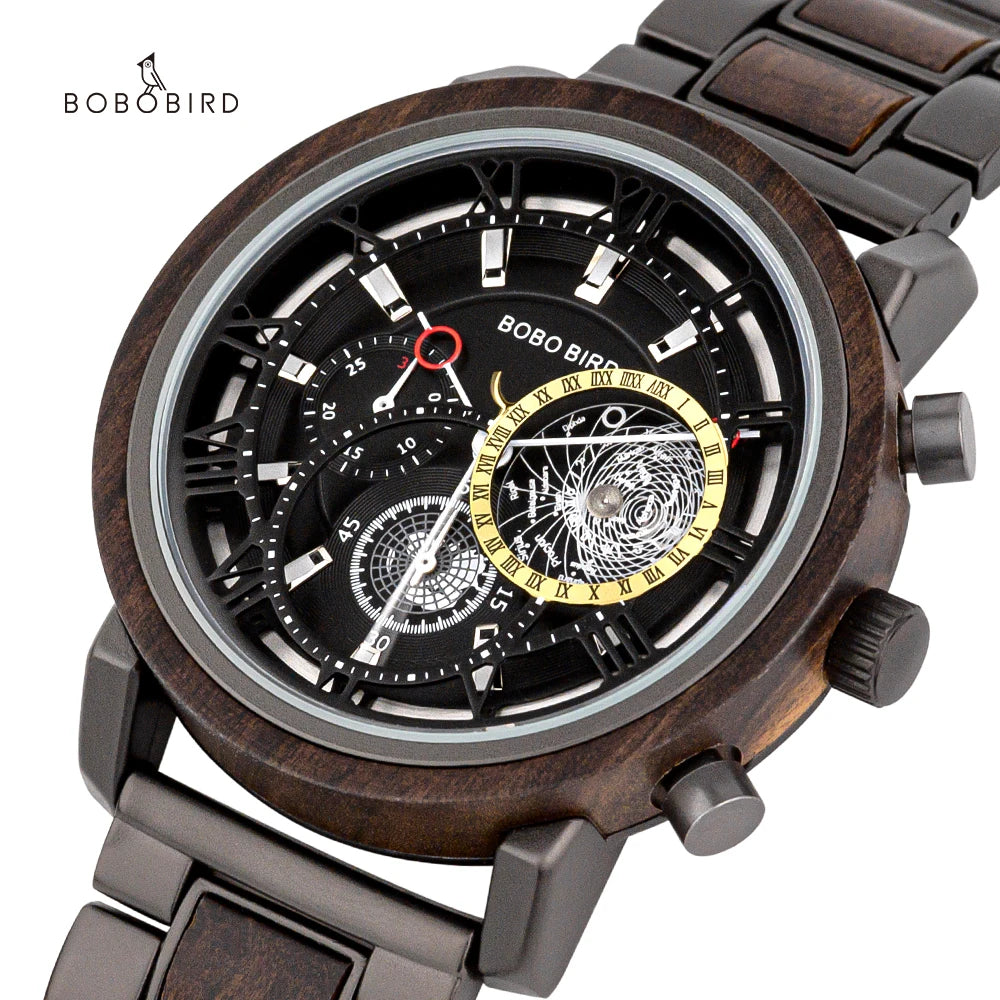 BOBO BIRD Men's Waterproof Wooden Wristwatch Japanese Movement Three-dimensional Hollow Design for Fashion Business Wholesale