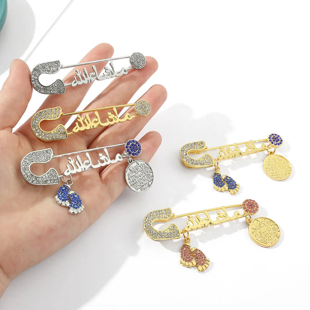Super Flash Diamond Crystal Letter Brooch Pins Hot Sale Muslim Brooch for Men and Women for Wedding Scarf Collar Decoration