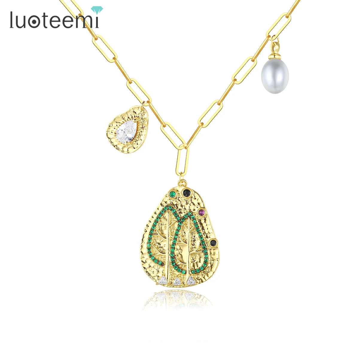 LUOTEEMI Bohemian Tree of Life Necklace Green Color CZ Women Pendants Necklaces Fashion Jewelry