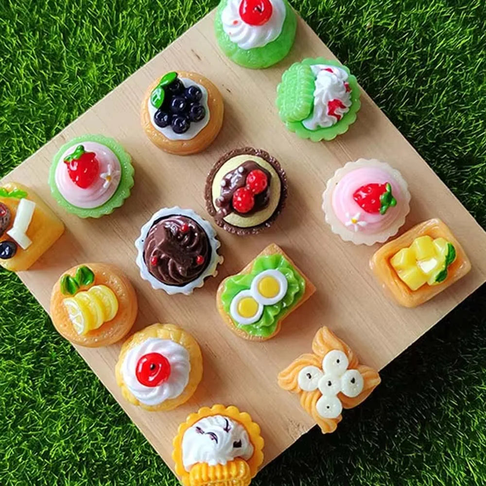 100Pcs Resin 3D Fruit Cupcake Dessert Flatback Resin Cabochons Miniature Doll House Food Ornaments for Kitchen Room Decor Craft