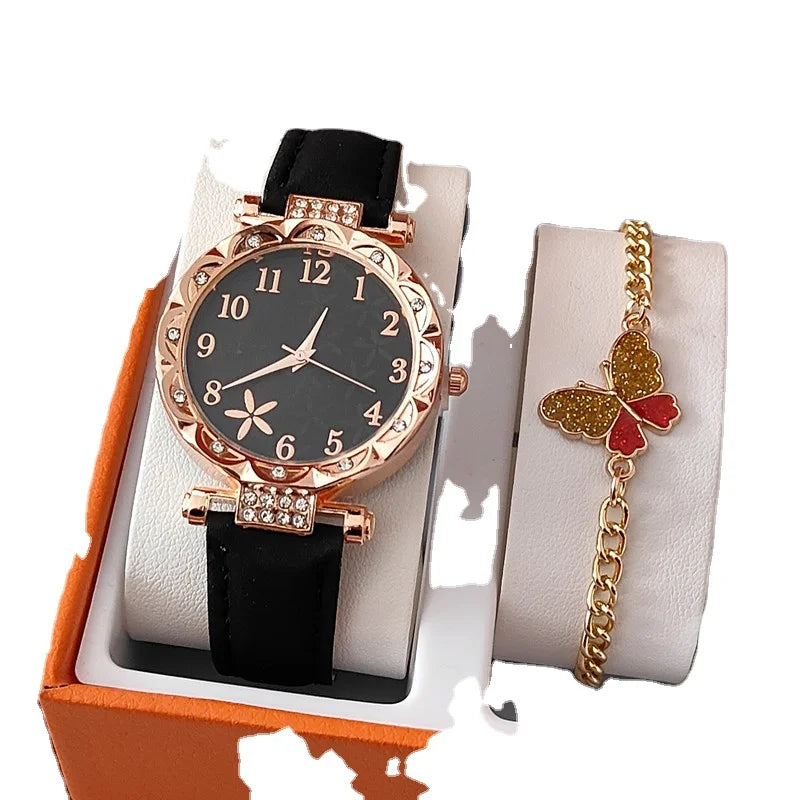 Fashion Women's Round Pointer Quartz Watch Bracelets Set butterfly Watch Gifts