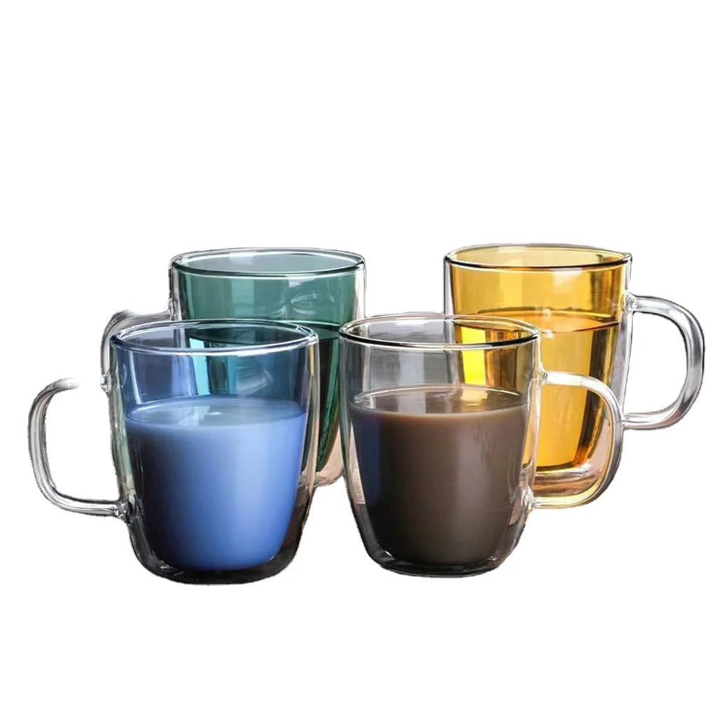 Colored Heat Resistant Glass Coffee Mug Double Wall Coffee High Borosilicate Glass Cup for Tea Coffee Milk Beer Juice 350ml