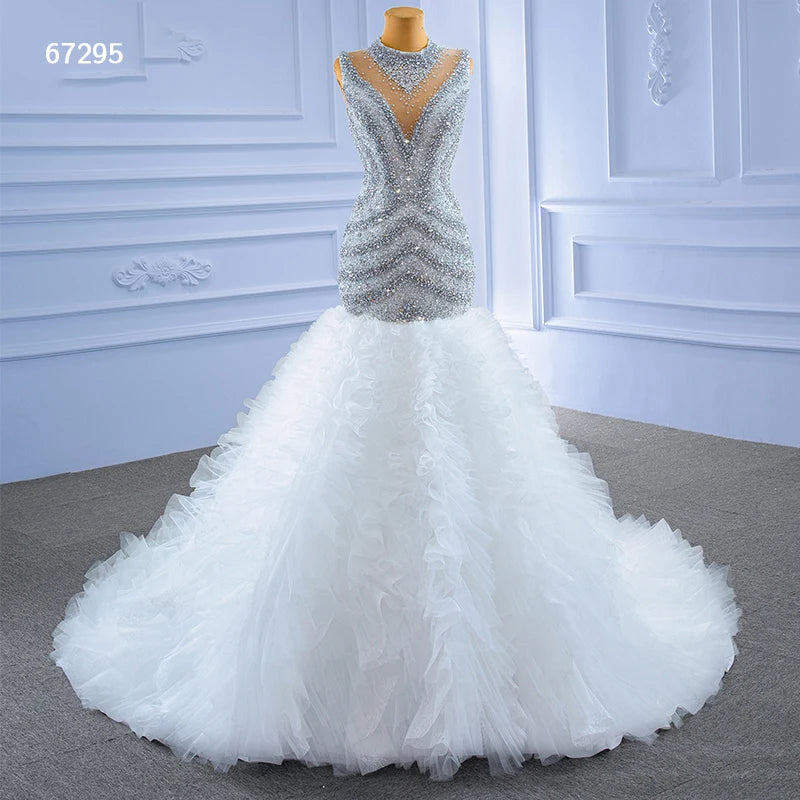 Jancember ARSM67295 Cheap Customize Elegant Heavy Beads  Long Train  Mermaid Wedding Dresses
