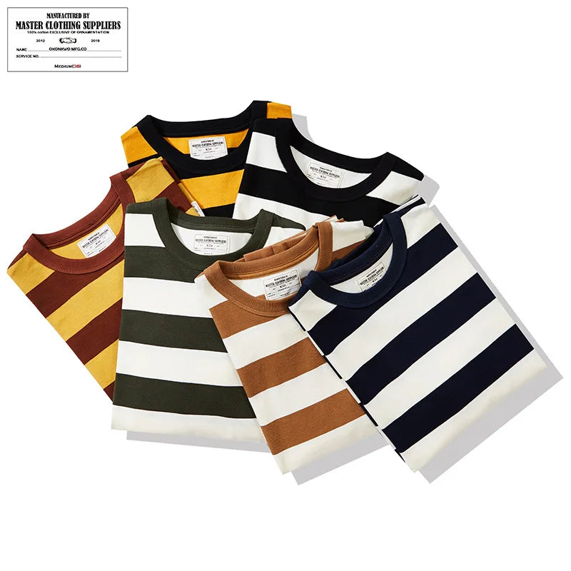 Autumn Spring Men's Top Heavy 100% Cotton Rib T-Shirt High Quality Wide Stripe Long Sleeved Yarn Dyed Technique 280 Grams Fabric