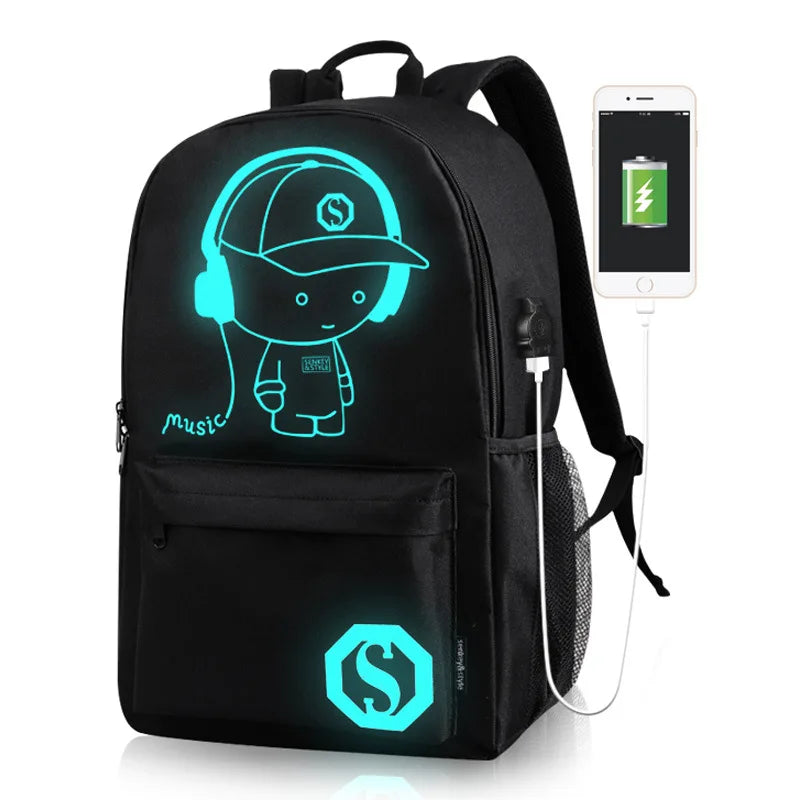 Unisex Hot Sale Glowing Polyester College School Backpack USB Charge Zipper Closure with Stylish Luminous Feature for Teenagers