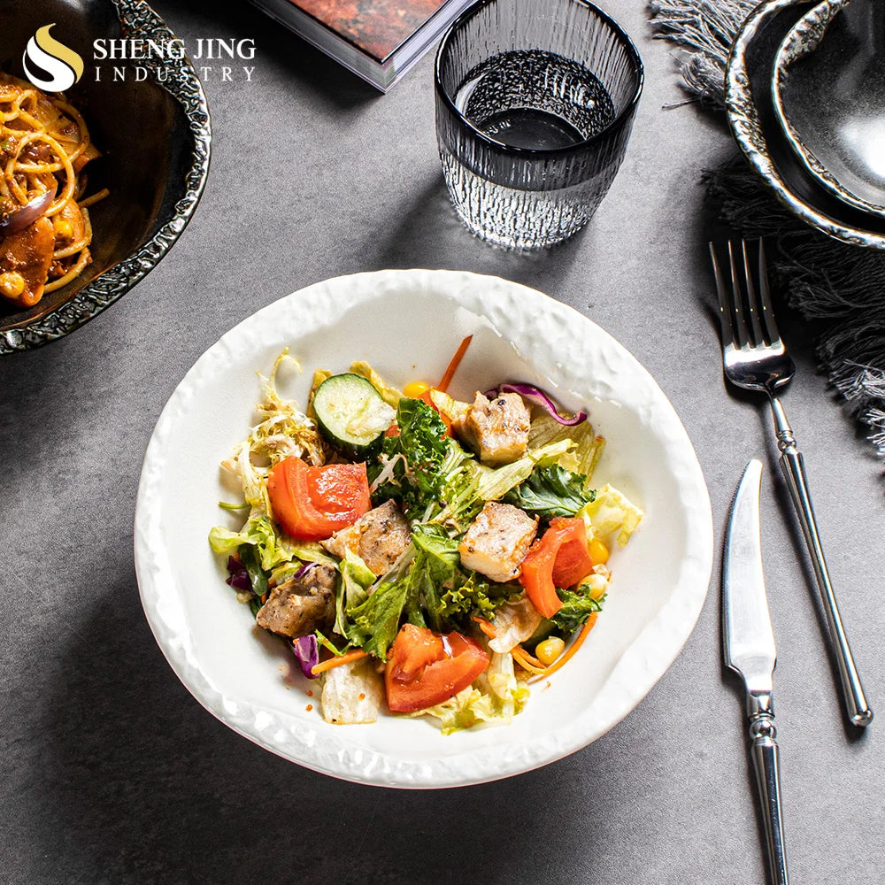 Vajilla Hotel Serving Deep Bols Restaurant Ceramic Bowl Set for Wedding Porcelain Embossed Soup Salad Pasta Bowls Dinnerware