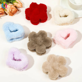 QIYUE Women's Daily Hair Claw Plush Flower Love Heart Shape Hair Clip for Winter and Fall Made of PC Plastic and Fabric
