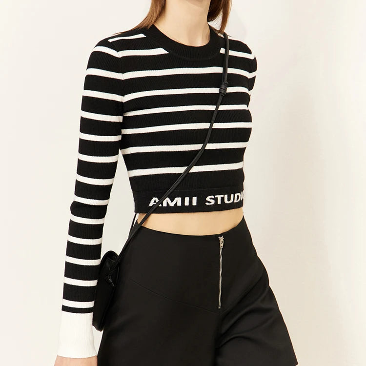 OEM Custom Make Crew Neck Black and White Stripes Sweater Long Sleeves Letters Pattern Knitted Sweater