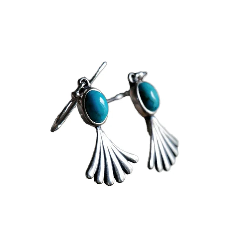 Antique Silver Alloy Leaf-Inlaid Turquoise Stone Dangle Earrings Hot Selling Personalized Drop Earrings for Weddings