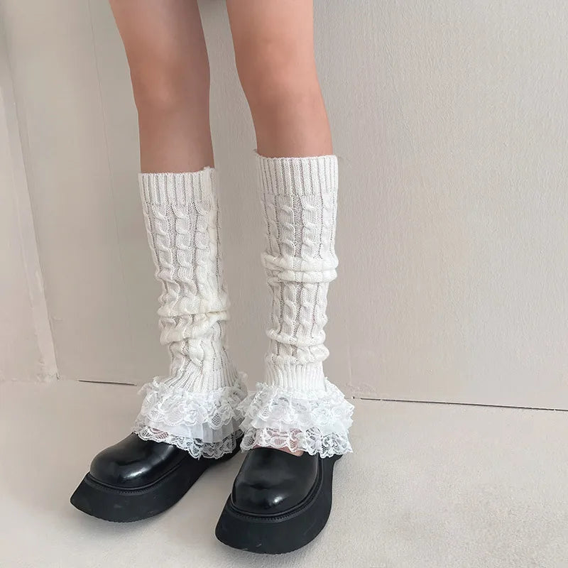 Winter Girl Crochet Warm Knee High Long Boot Socks Lace Cable Knit Women Ruffle Leg Warmers