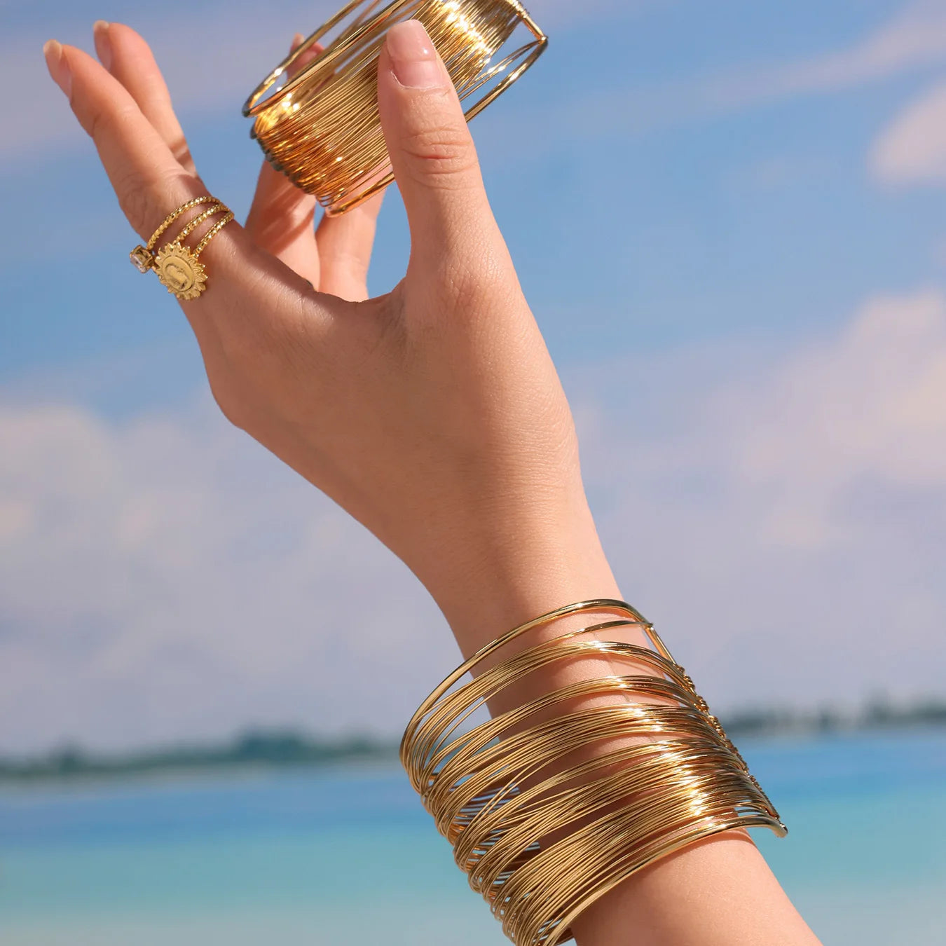 Fashion Punk Style 18k Gold-plated Stainless Steel Multi-layer Hollowed Out Arm Band Open Bracelet for Women
