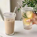 Hot Sale 380ml Transparent Bubble Tea Cup Simple Ribbed Vertical Stripes Glass Cup With Lid and Straw