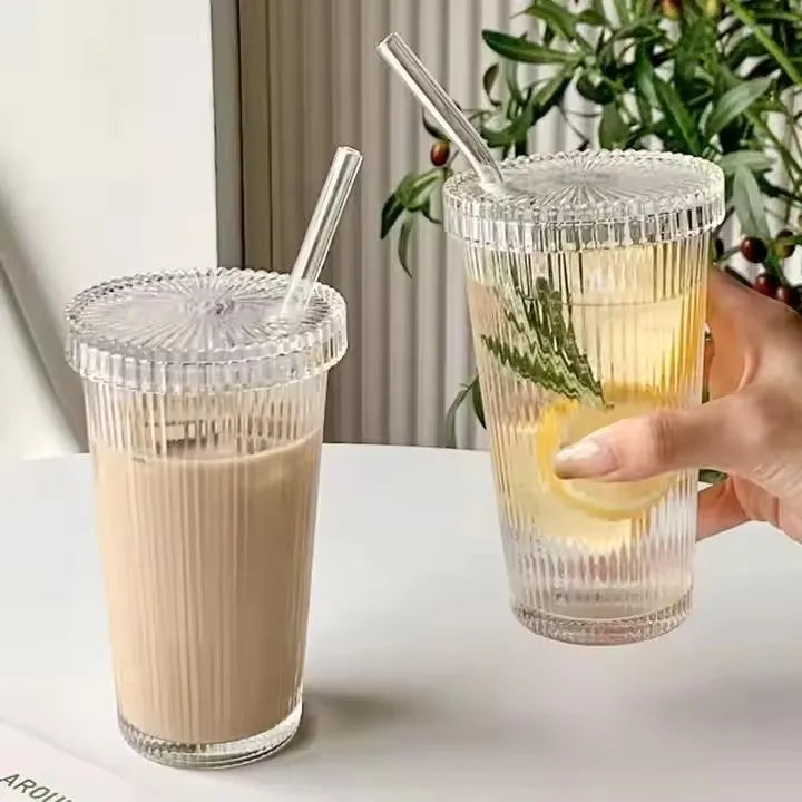 Hot Sale 380ml Transparent Bubble Tea Cup Simple Ribbed Vertical Stripes Glass Cup With Lid and Straw