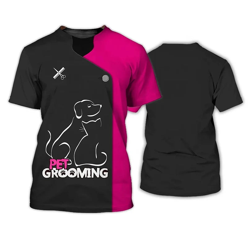 FYD Pet Store Funny Uniform Animal Dog Groomer 3d Print Men Women's Work Loose Comfortable Round Neck Short Sleeve T-shirt Top