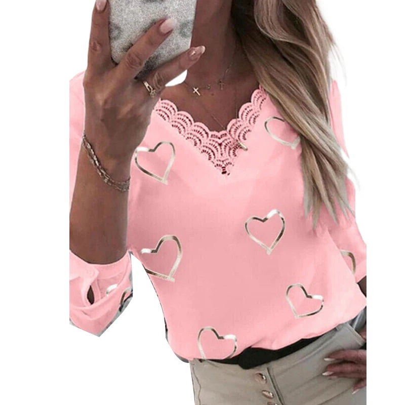 Liu Ming Fashion Women Elegant Spring Summer Print V Neck Long Sleeve Plus Size Blouse Tops