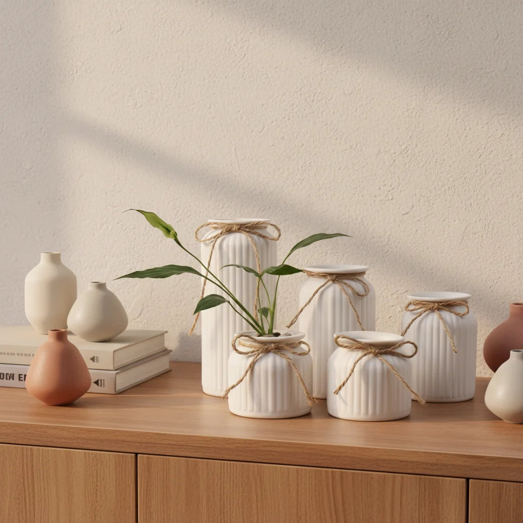 Modern Tabletop Decorative White Vertical Stripe Vase Ceramic Porcelain Flowers Vases for Wedding