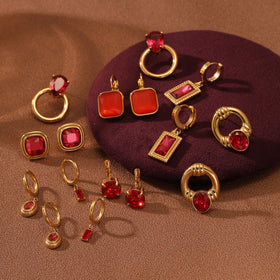 Ruby Series Fashion PVD 18k Gold Stainless Steel Red Zircon Tear Drop Earrings Fashion Stainless Steel Earrings Women