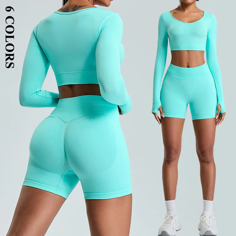 Women's Seamless High Waist Elastic Waist Sports Crop Top & Shorts Set Lightweight Breathable Nylon Butt Scrunch