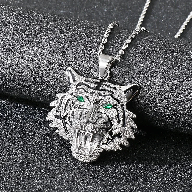Hip Hop Costume Jewelry Non Tarnish Stainless Steel Rhinestone Iced Exaggerated Green Eyes Tiger Head Pendant Necklace for Men