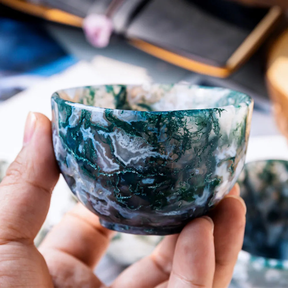Ying Lai Jewelry Natural Stones Hand Carved Polished Crystals Shape Moss Agate Witchcraft Supplies Crystal Bowl Small Cups