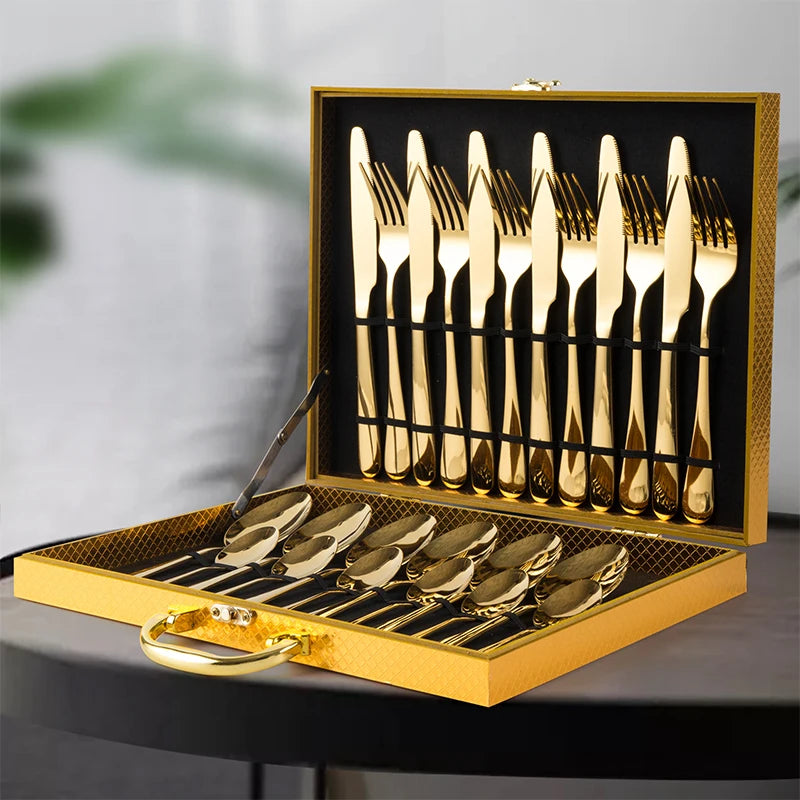 24pcs Multicolor High Grade Stainless Steel Dinnerware Set Gold Rose Gold Rainbow Black Flatware in Brown Box Oven Safe Gift Box