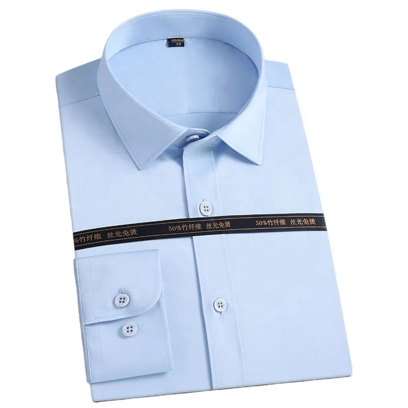 Top Quality Men's Office Dress Shirt Non Iron Long Sleeve Bamboo Fiber Sky Blue Breathable Woven Shirts for Adults