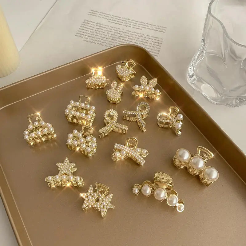 B.PHNE Fashion Butterfly Pearl Hair Claw Golden Flower Small Claw Clip Hair Accessory for Woman Girls