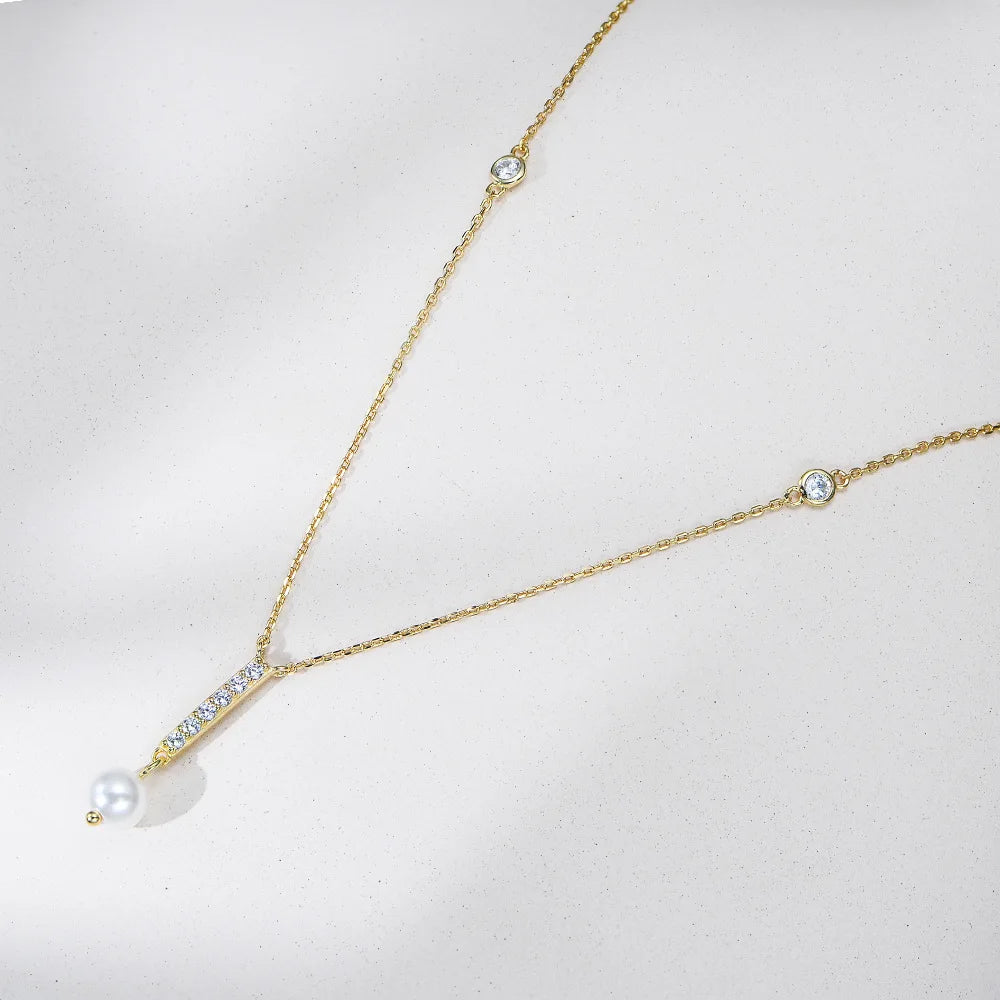 Fashion Jewelry Necklaces 925 Silver Pearl Necklace Single Pearl a bar Zircon Double Cz Gold Plated Necklaces for Women