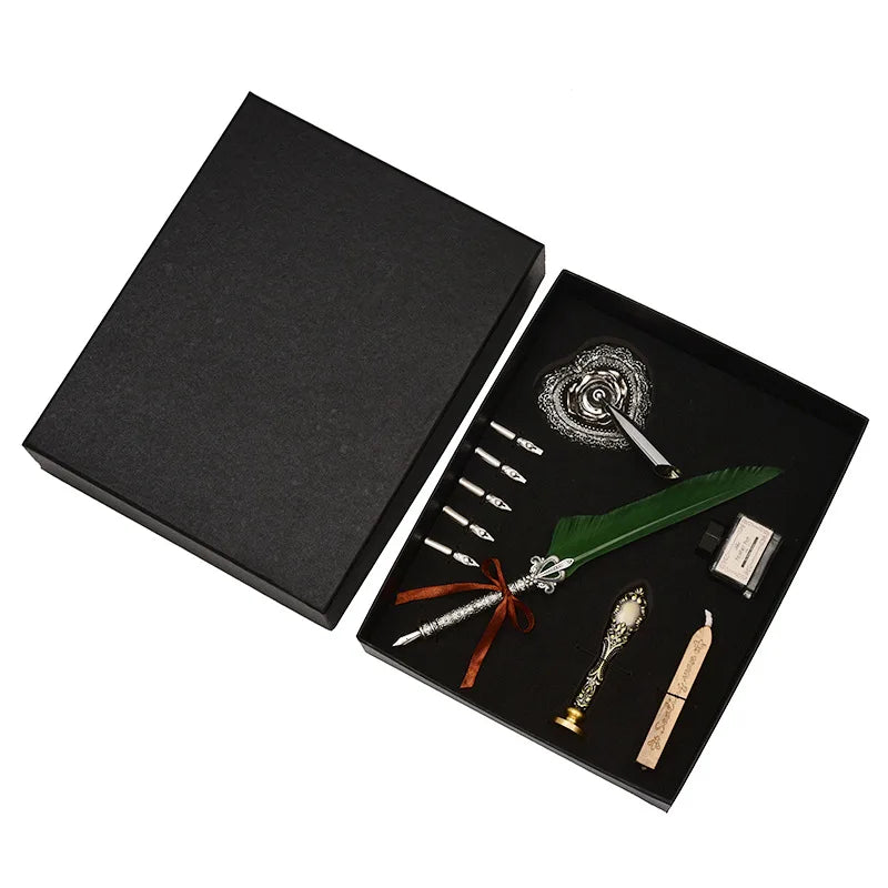 Luxury Fountain Pen Set Vintage Sprinkling Gold Feather Pen Ink Bottle Calligraphy Writing Dip Pen Birthday Gift Box