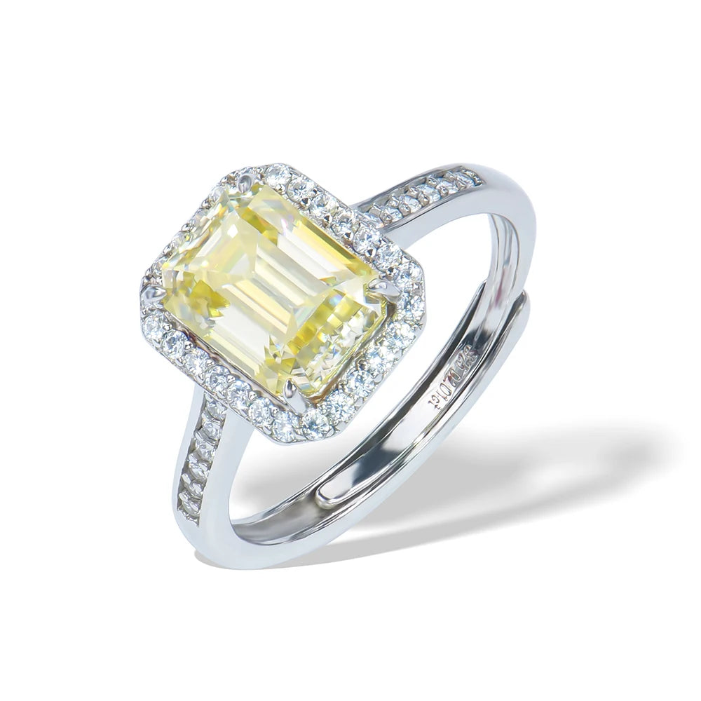 Xingyue Custom High Quality 925 Sterling Silver 2ct Yellow Color Emerald Cut Lab Grown Diamond Moissanite Adjustable Ring